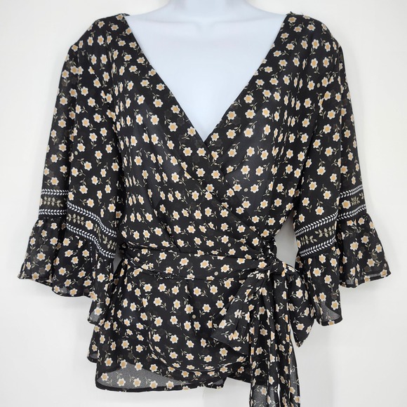 Max Studio Black Contemporary Floral Wrap Blouse Womens Large Cottage Career - Picture 2 of 7